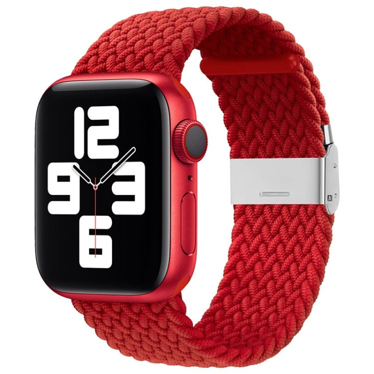 Braided nylon watch band with single buckle, red textured braided strap.