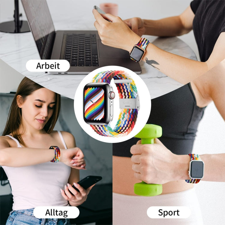 Colorful braided nylon watch band with single buckle on a wrist