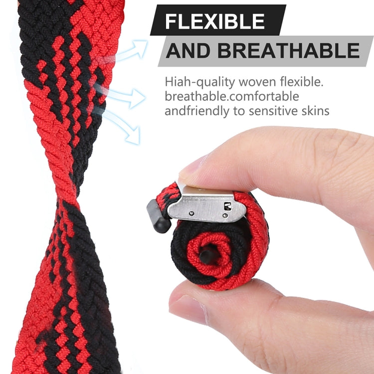 Red and black braided nylon watch band with single metal buckle