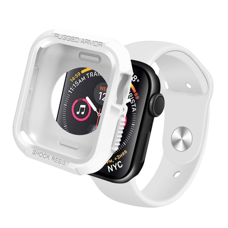 White silicone shockproof Apple Watch case, front and back view with protective frame