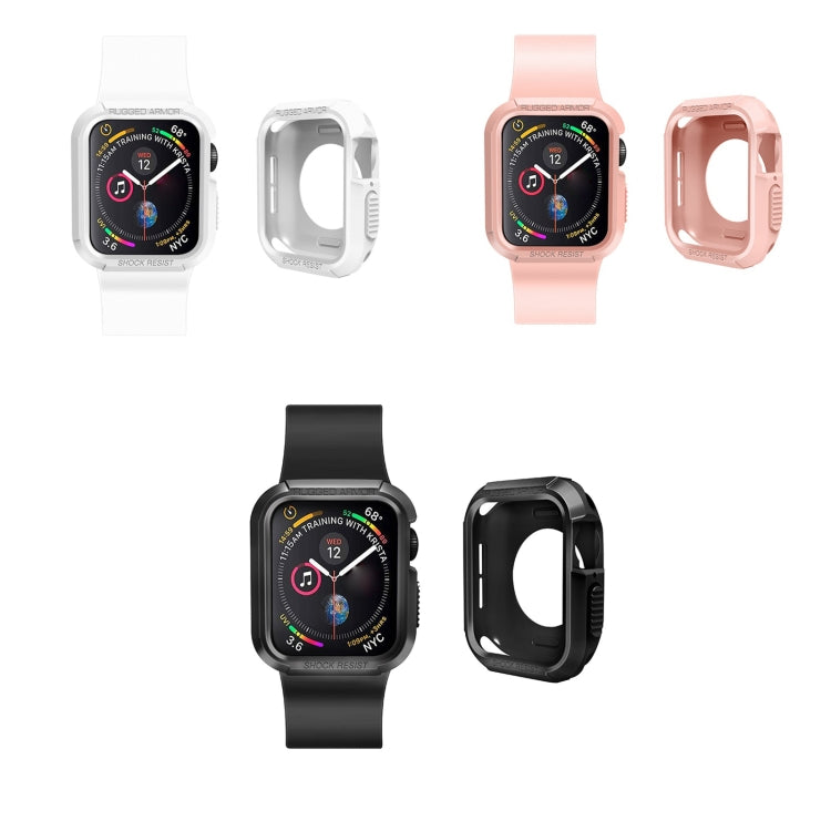 Silicone shockproof Apple Watch protective cases in white, pink, and black, multiple views