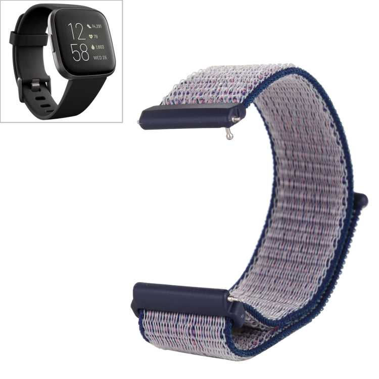 Two-tone nylon watch band with hook-and-loop closure, blue-gray knit with dark connectors