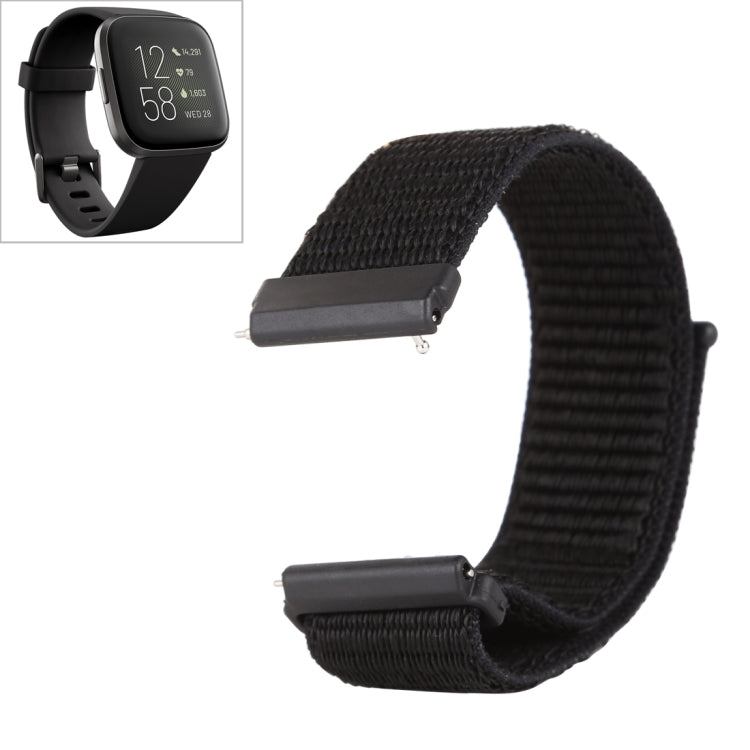 Black nylon watch band with hook-and-loop fastener for Fitbit Versa and Versa 2