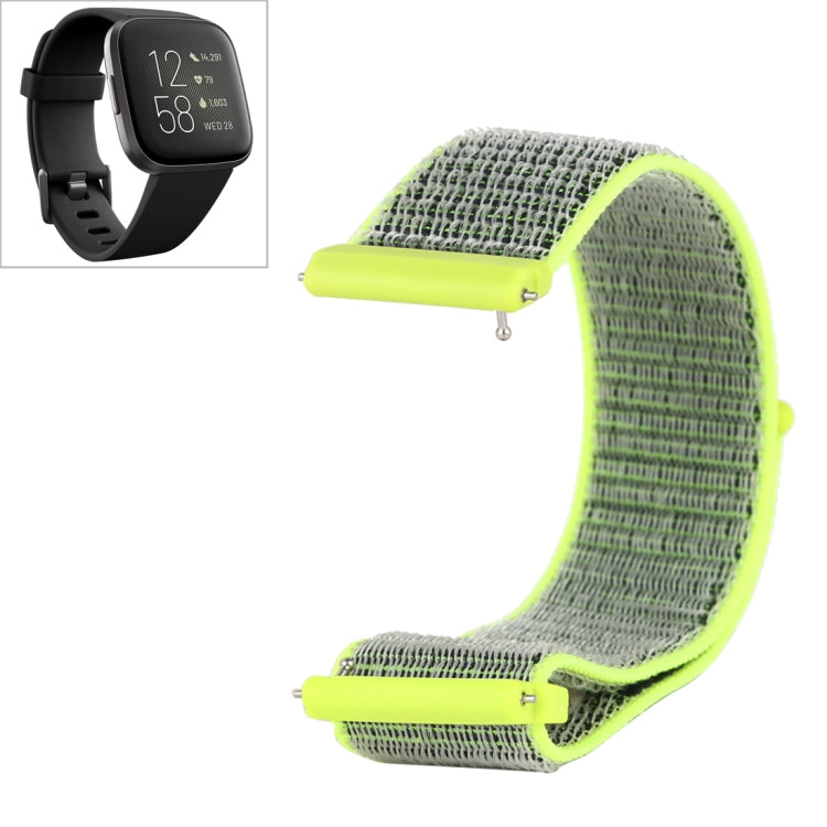 Green nylon watch band with neon yellow hook-and-loop fastener for Fitbit Versa and Versa 2
