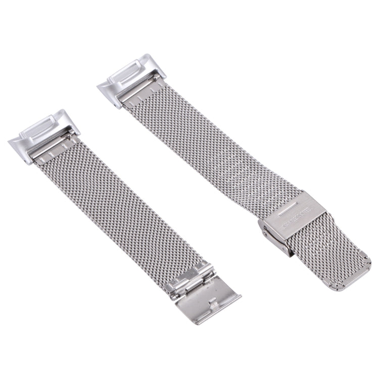 Pair of silver stainless steel mesh watchbands with double buckles for Fitbit Charge 5