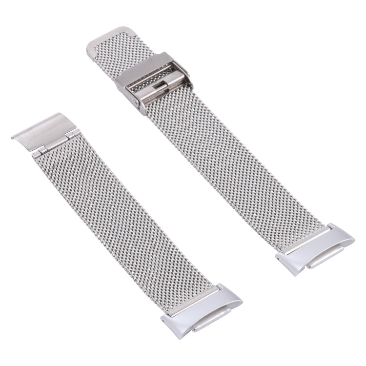 Silver stainless steel mesh watchband with double buckle close-up for Fitbit Charge 5