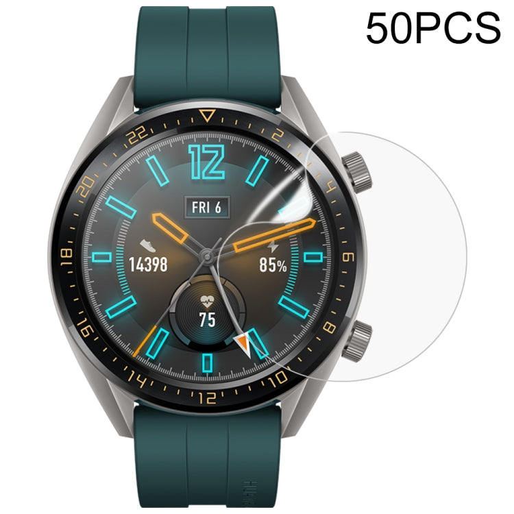 Smartwatch face with clear hydrogel screen protector film; 50PCS label shown