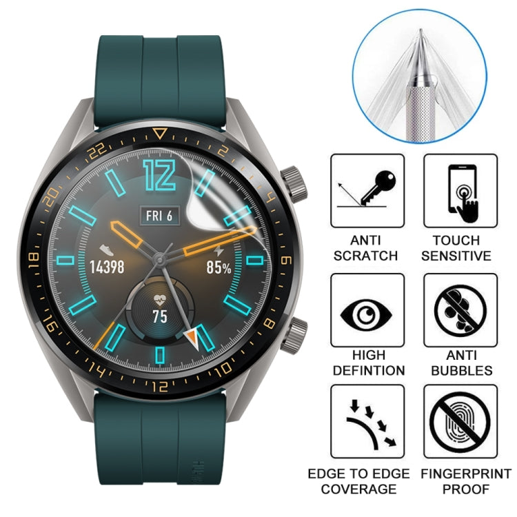 Screen protector film on a dark smartwatch face; anti-scratch and anti-bubble icons shown