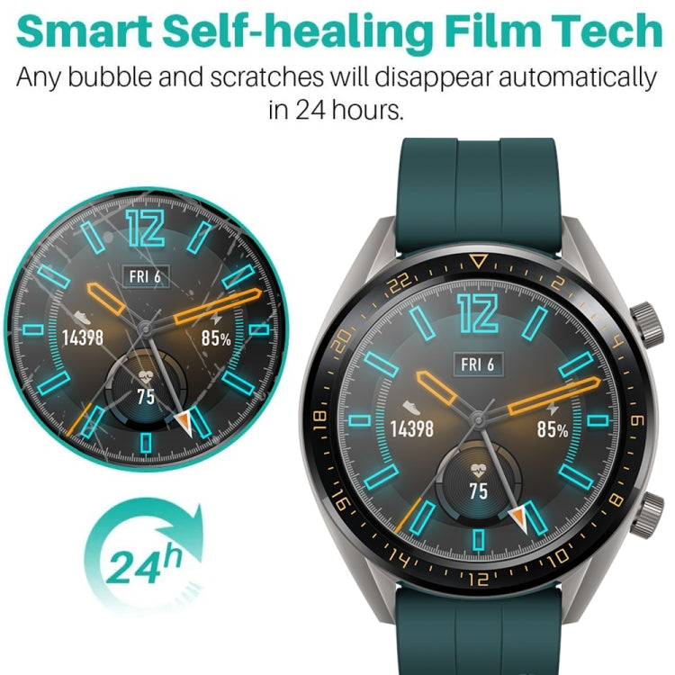 Smartwatch face with clear hydrogel film; self-healing detail and 24h icon shown