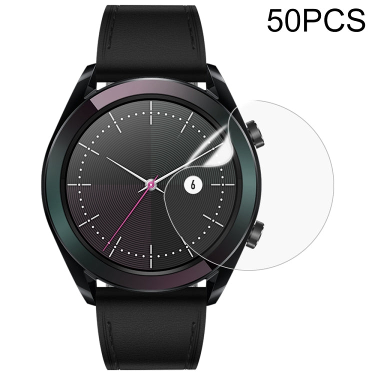Smartwatch face with clear hydrogel film; 50PCS badge and film circle overlay shown
