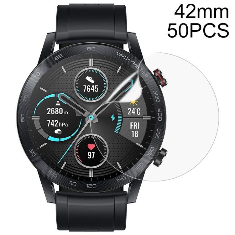 Smartwatch face with clear hydrogel screen protector film; 42mm 50PCS label shown