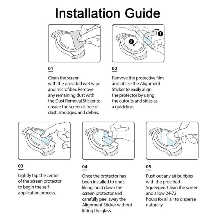 Installation guide showing steps for applying a smartwatch screen protector