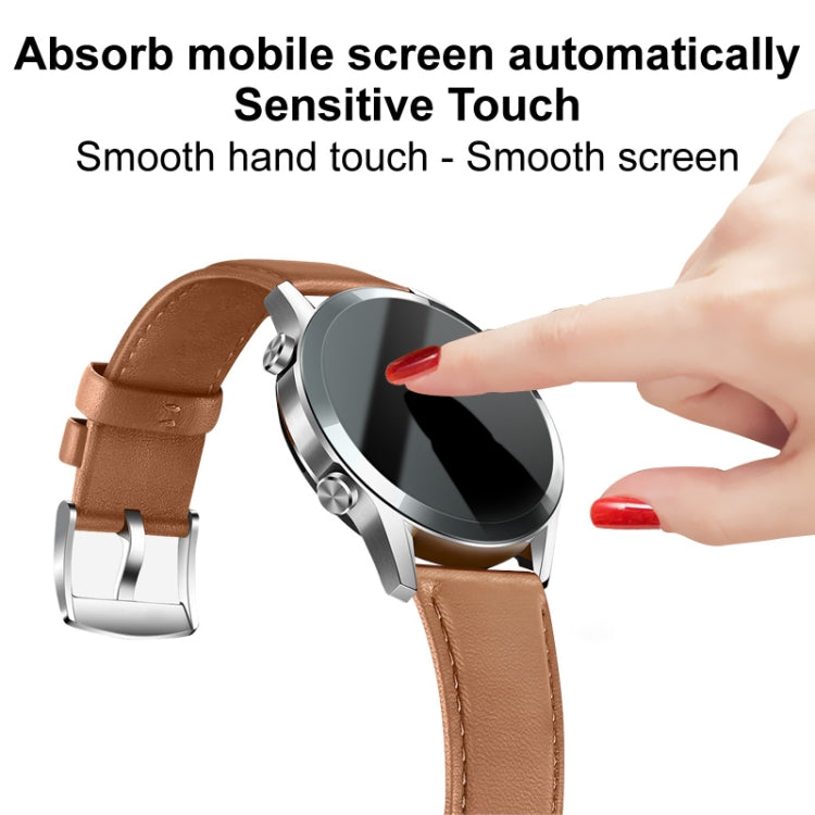Watch screen protector film with smooth touch, on brown leather strap smartwatch
