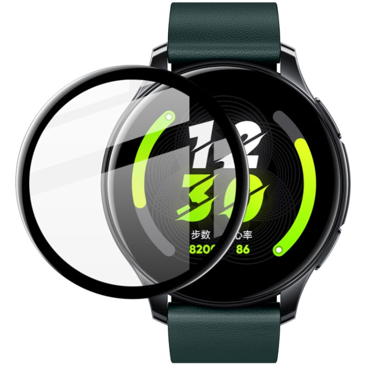 Round transparent watch film on smartwatch with dark green leather strap