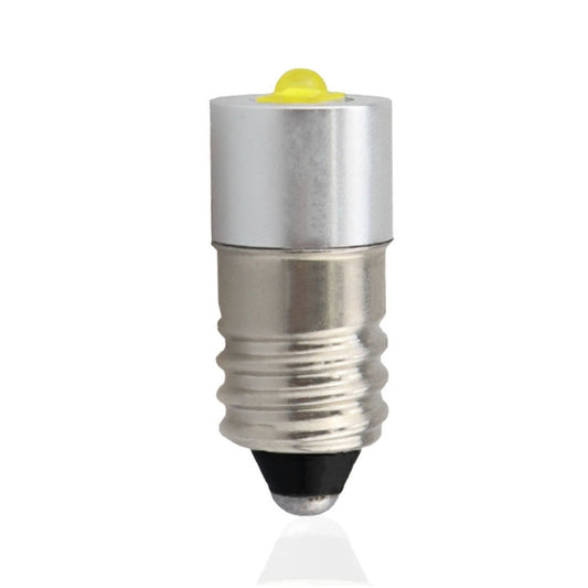 E10 LED bulb with silver metal body and yellow LED lens, product front view