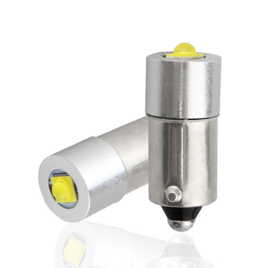 BA9S LED bulbs with silver metal housing and yellow LED, side-by-side