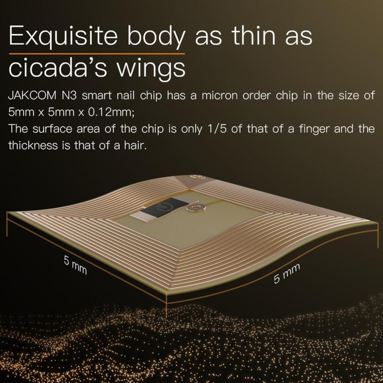 Thin circuit chip insert for smart nail, with gold pattern and square window
