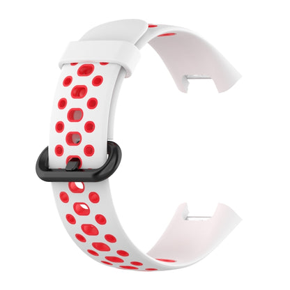 Two-tone silicone watch band, white with red oval dot holes and clasp tabs