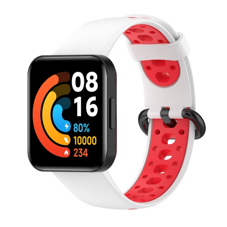 Two-tone silicone watch band, white strap with red oval dot holes and watch face