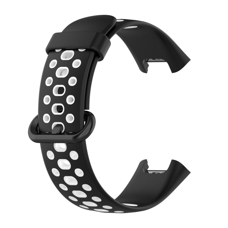 Two-tone silicone watch band, black with white oval dot holes and band end loops