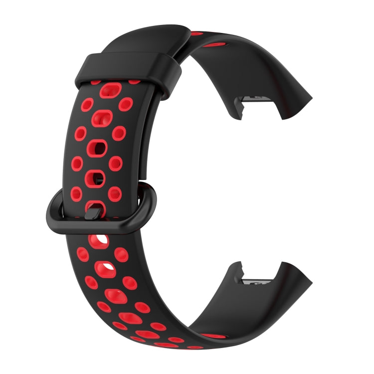Two-tone silicone watch band, black with red oval dot holes and clasp tabs