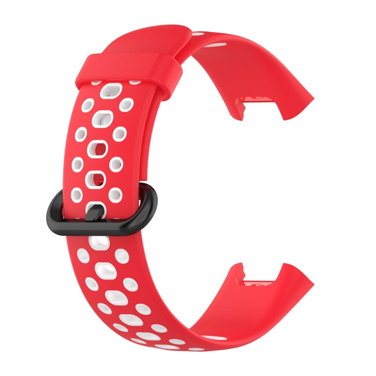 Two-tone silicone watch band, red with white oval dot holes and clasp tabs