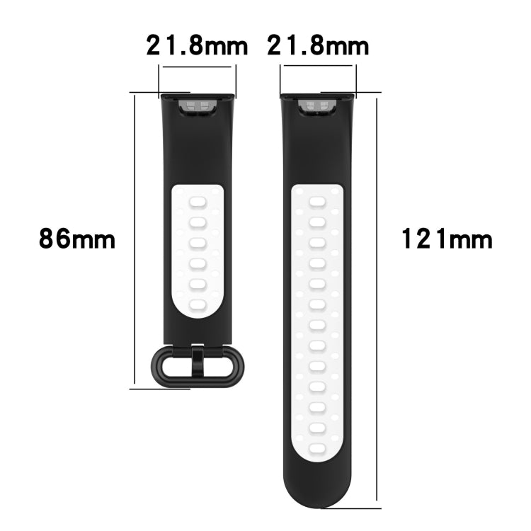Two-color silicone watch band with black strap and white perforation holes, buckle clasp