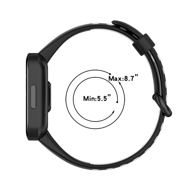 Two-color silicone watch band shown in black, adjustable strap size Max 8.7 in