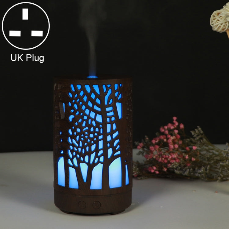 Wooden essential oil humidifier with tree cutout, blue LED glow, UK plug