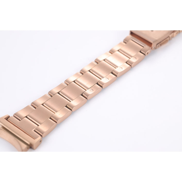 Rose gold three-bead steel watchband close-up of square bead link sections