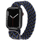 Nylon braid watch band, blue and yellow-green striped, for Apple Watch.