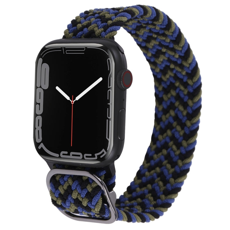 Nylon braid watch band, blue and yellow-green striped, for Apple Watch.
