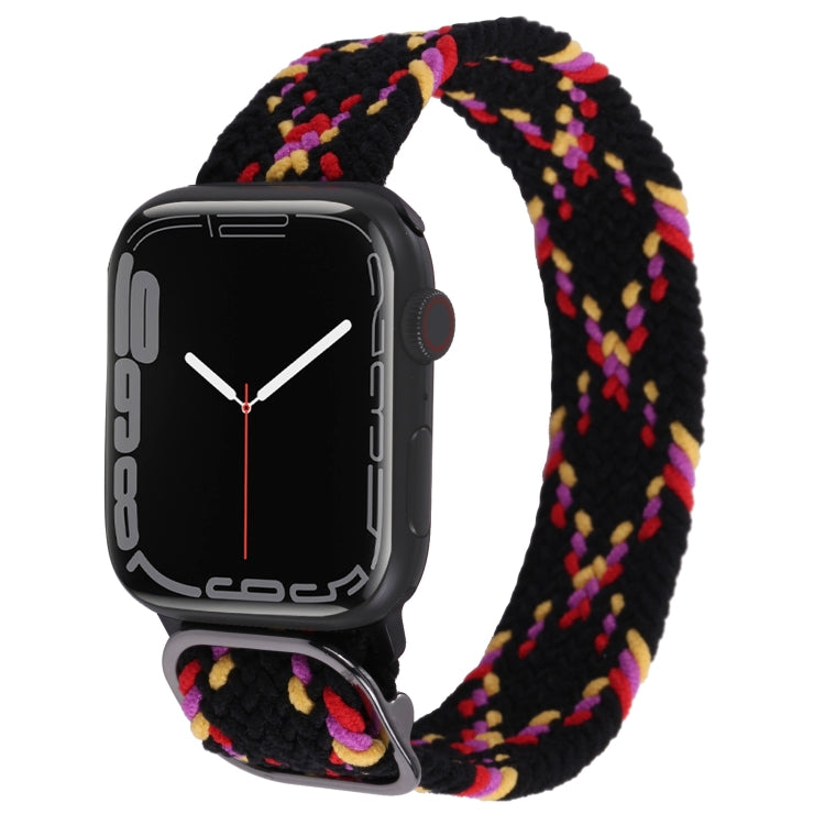 Nylon braid watch band, multicolor stripes on black, for Apple Watch.