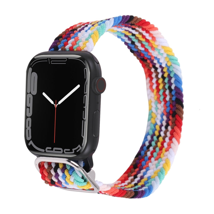 Braided nylon watchband with rainbow stripe pattern and metal buckle clasp