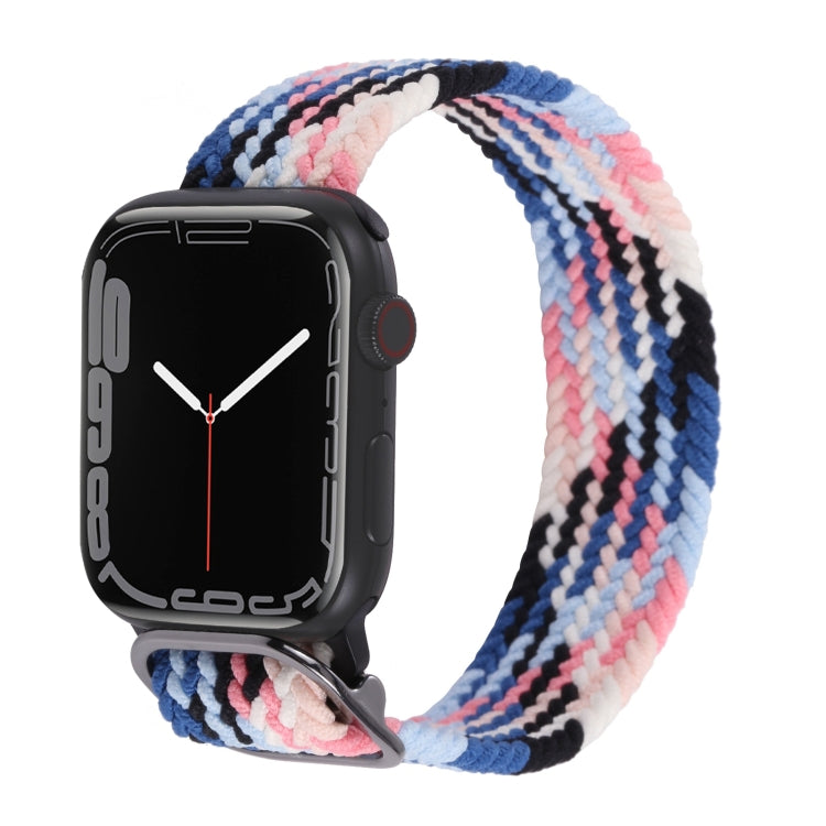 Braided nylon watchband with pink, blue, and black stripe pattern; metal clasp