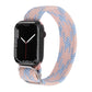 Braided nylon watchband with light blue and pink stripe pattern; metal clasp