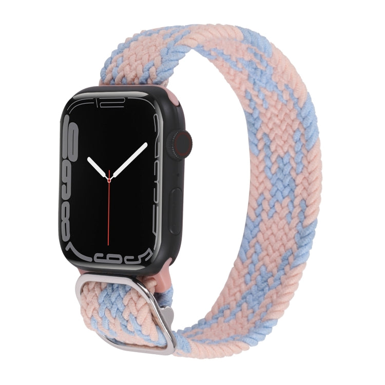 Braided nylon watchband with light blue and pink stripe pattern; metal clasp