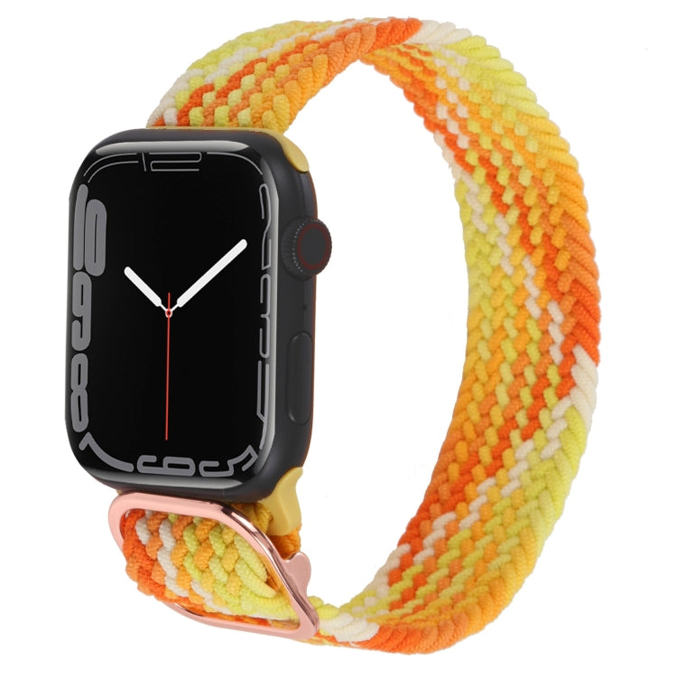Braided nylon watchband with orange-to-yellow striped pattern; metal buckle clasp