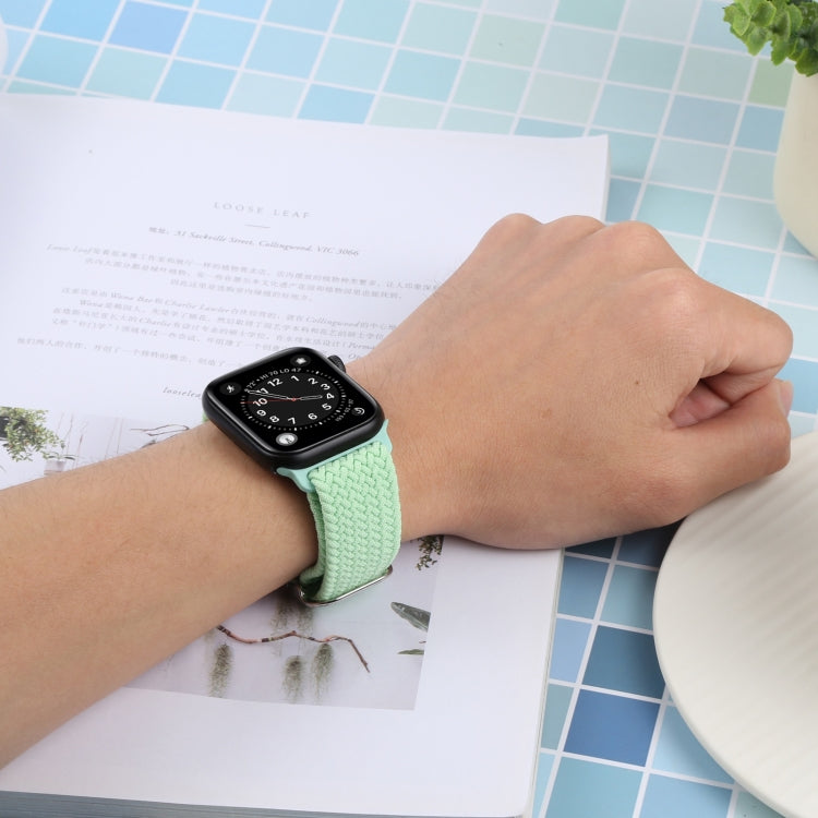 Mint green woven nylon braid watchband worn on wrist