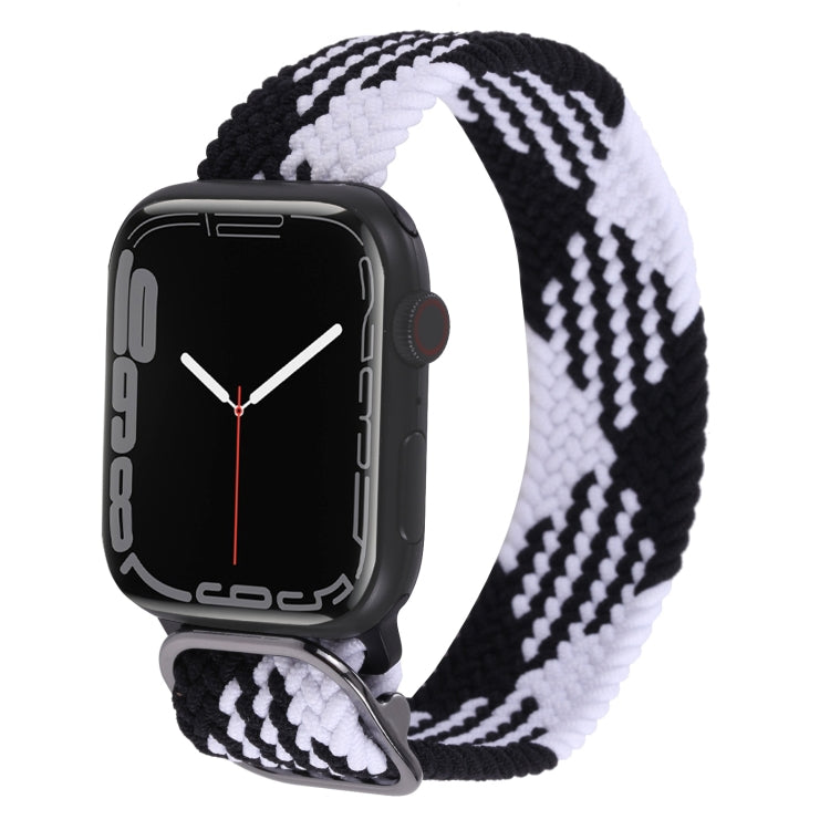 Black and white patterned nylon braid watchband with metal clasp and woven texture
