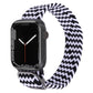Nylon braided watch band with black-and-white zigzag weave and metal buckle, for Apple Watch.