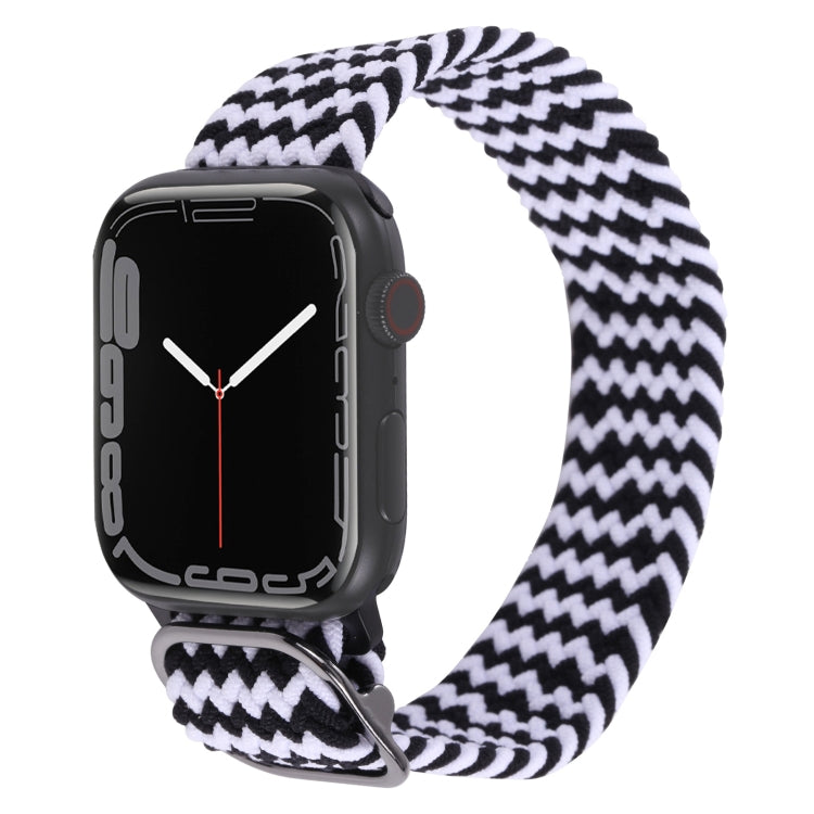 Nylon braided watch band with black-and-white zigzag weave and metal buckle, for Apple Watch.