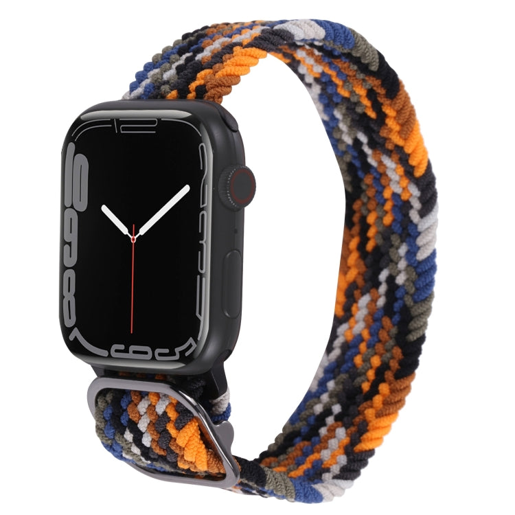 Nylon braided watch band with blue, orange, and gray stripe weave and metal buckle.