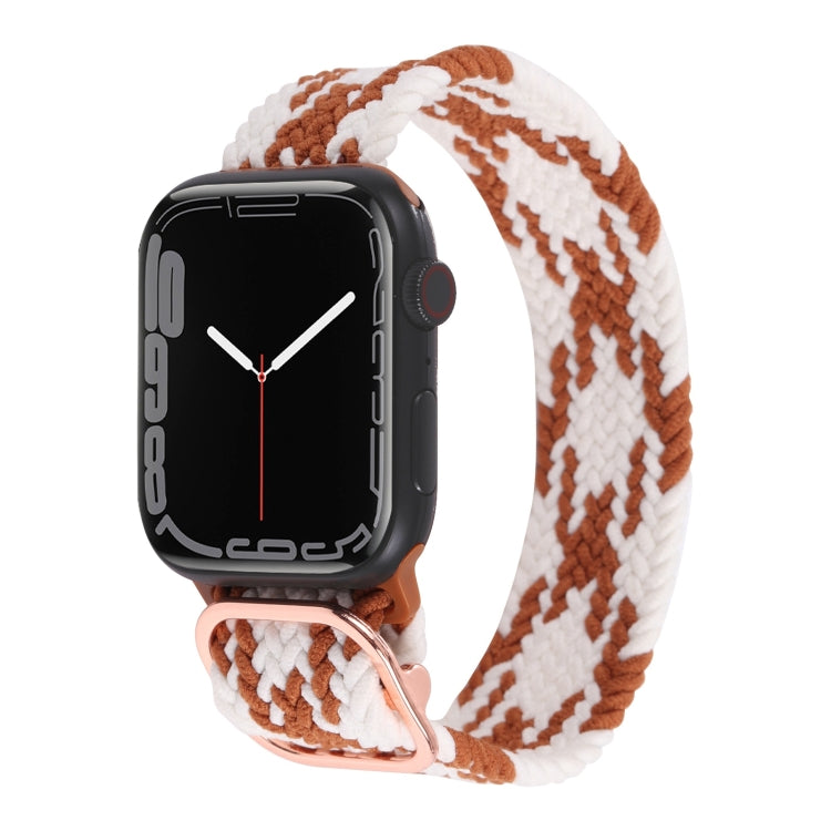 Nylon braided watch band with white and rust chevron weave and metal buckle.