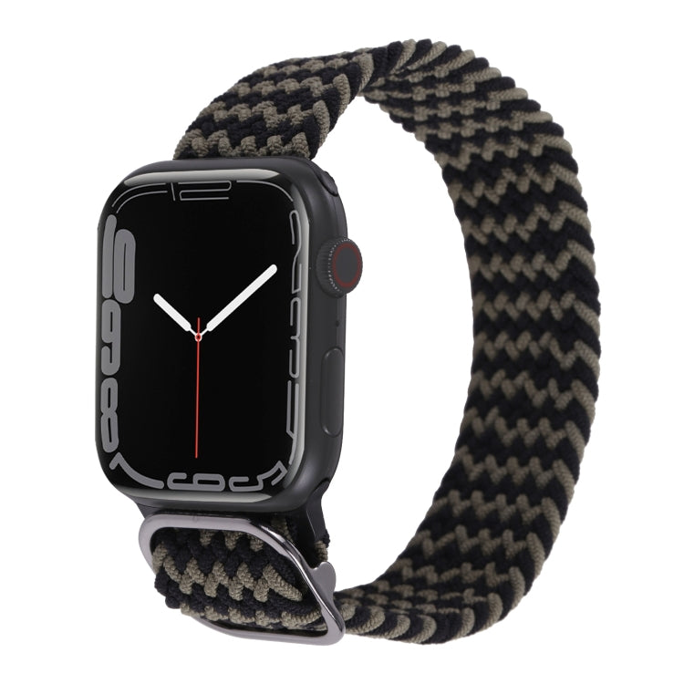 Nylon braided watch band with black and beige houndstooth weave and metal buckle.