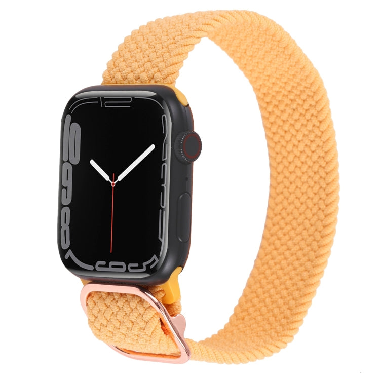 Nylon braided watch band with orange weave and tan underside, with metal buckle.