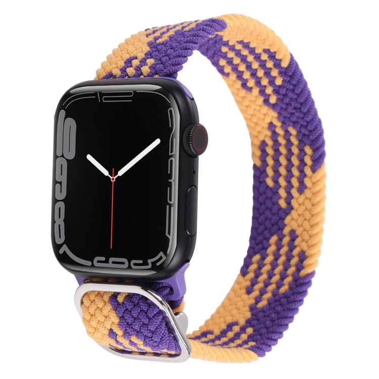 Nylon braided watch band with purple and orange stripe weave and metal buckle.