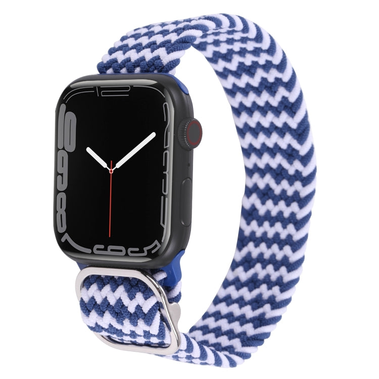 Nylon braided watch band with blue-and-white zigzag weave and metal buckle.