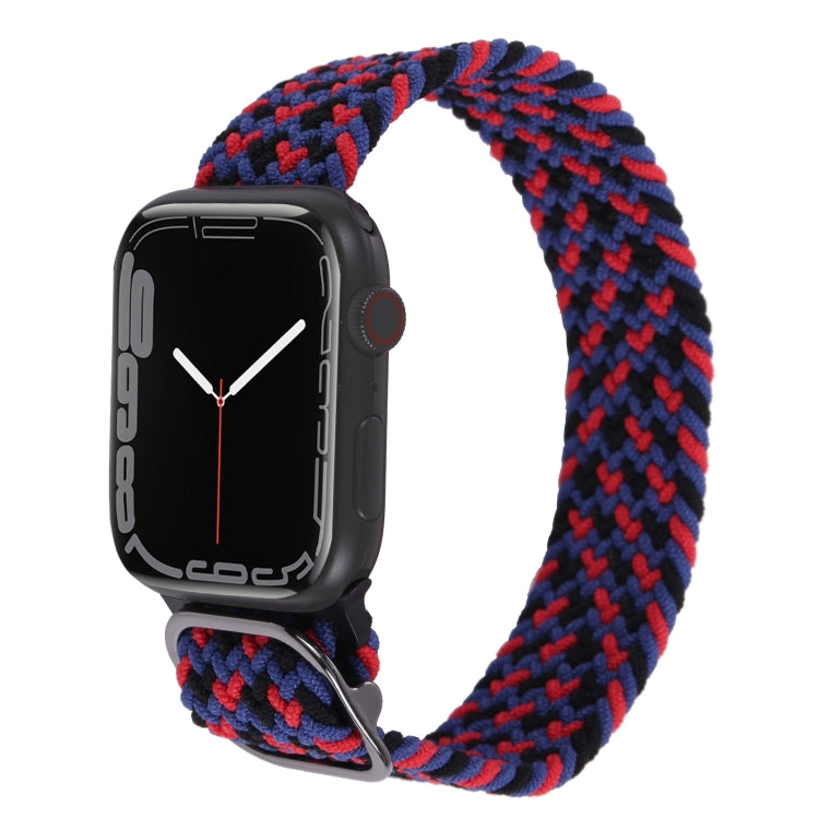 Nylon braided watch band with red-and-navy check weave and metal buckle.
