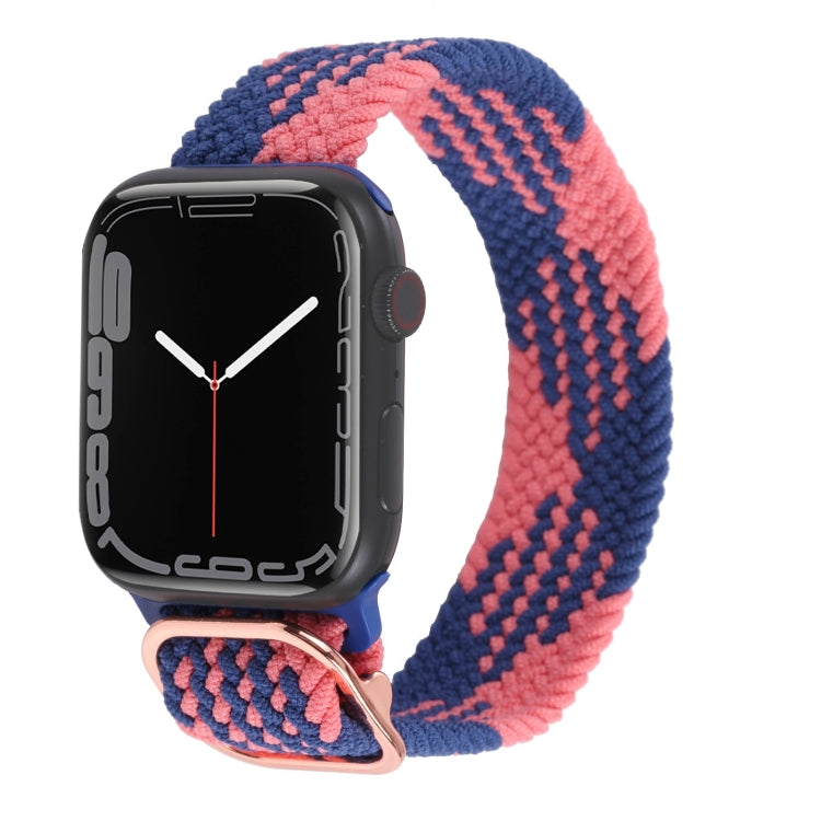Nylon braided watch band with pink-and-blue stripe weave and metal buckle.